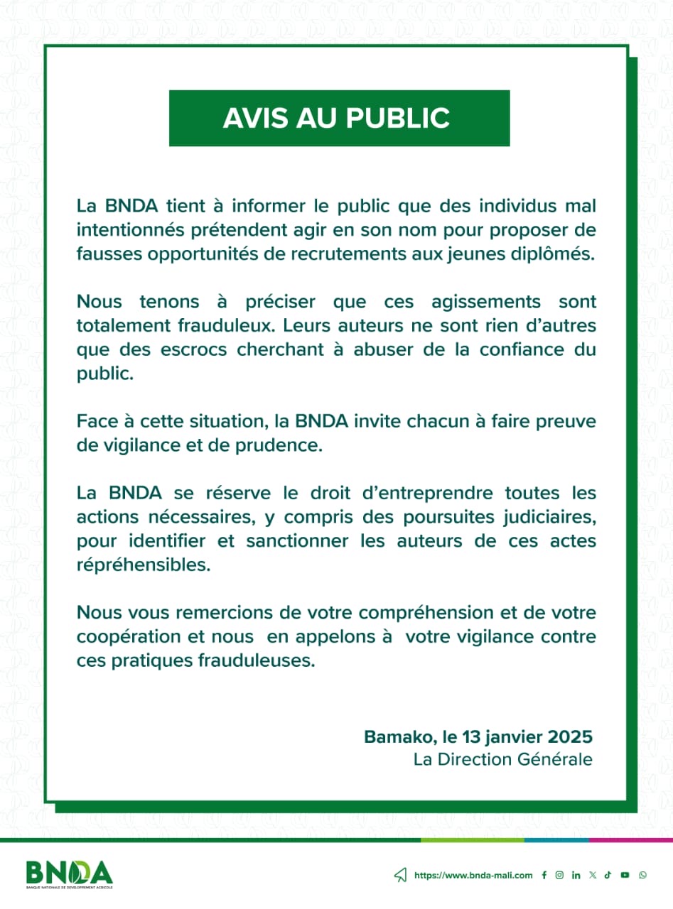 Communiqué de la BNDA