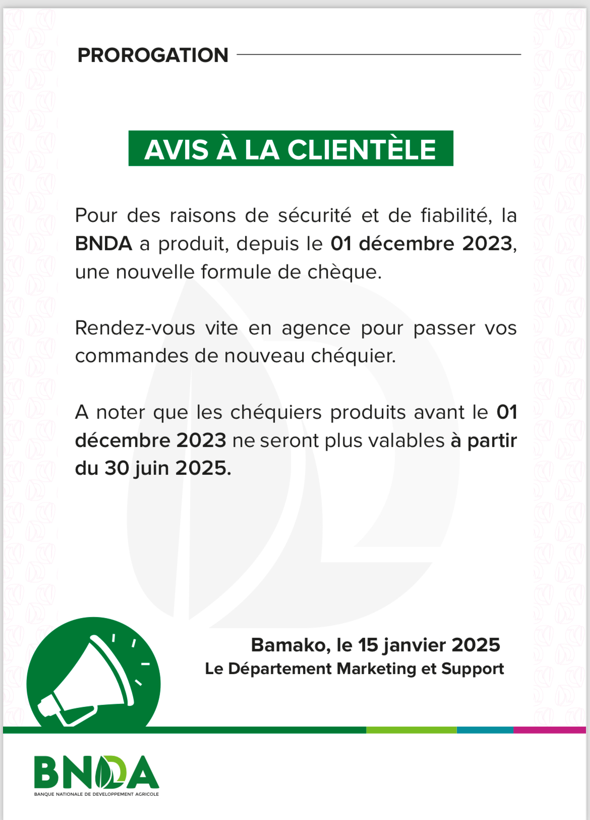 Communiqué de la BNDA sur les nouveaux chéquiers