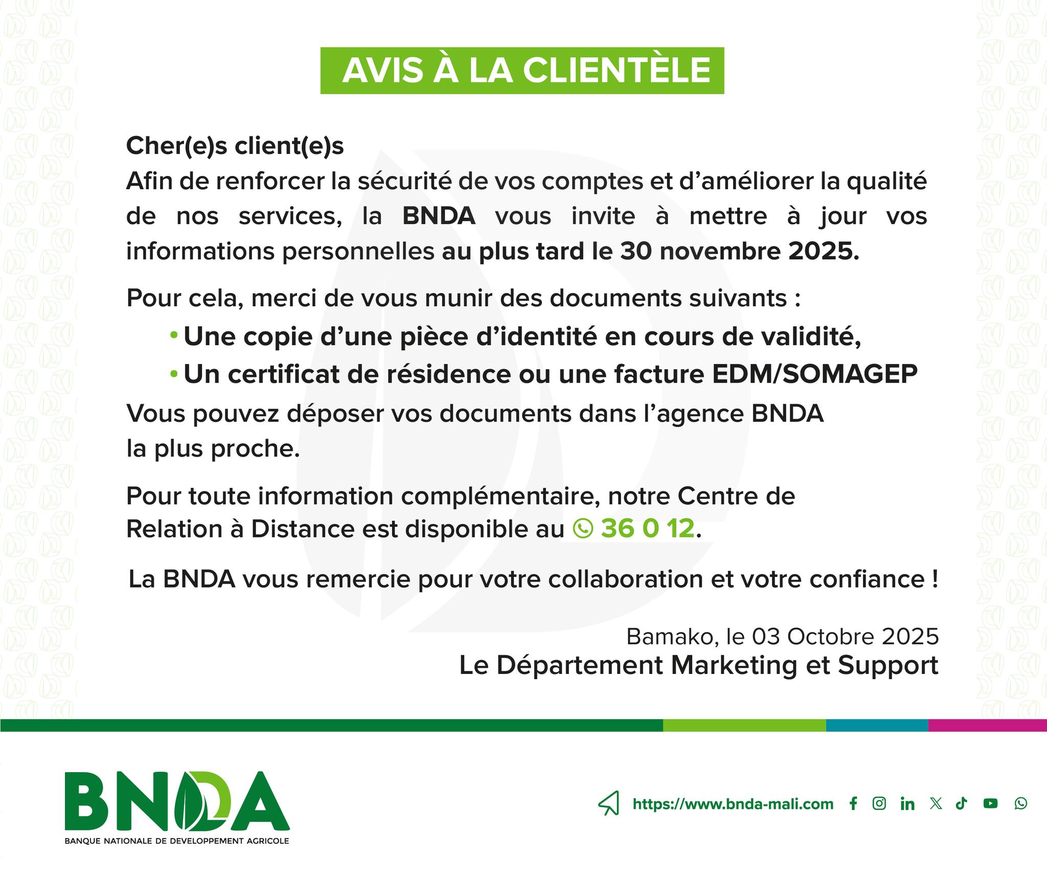 AVIS DE BNDA A SA CLIENTÈLE